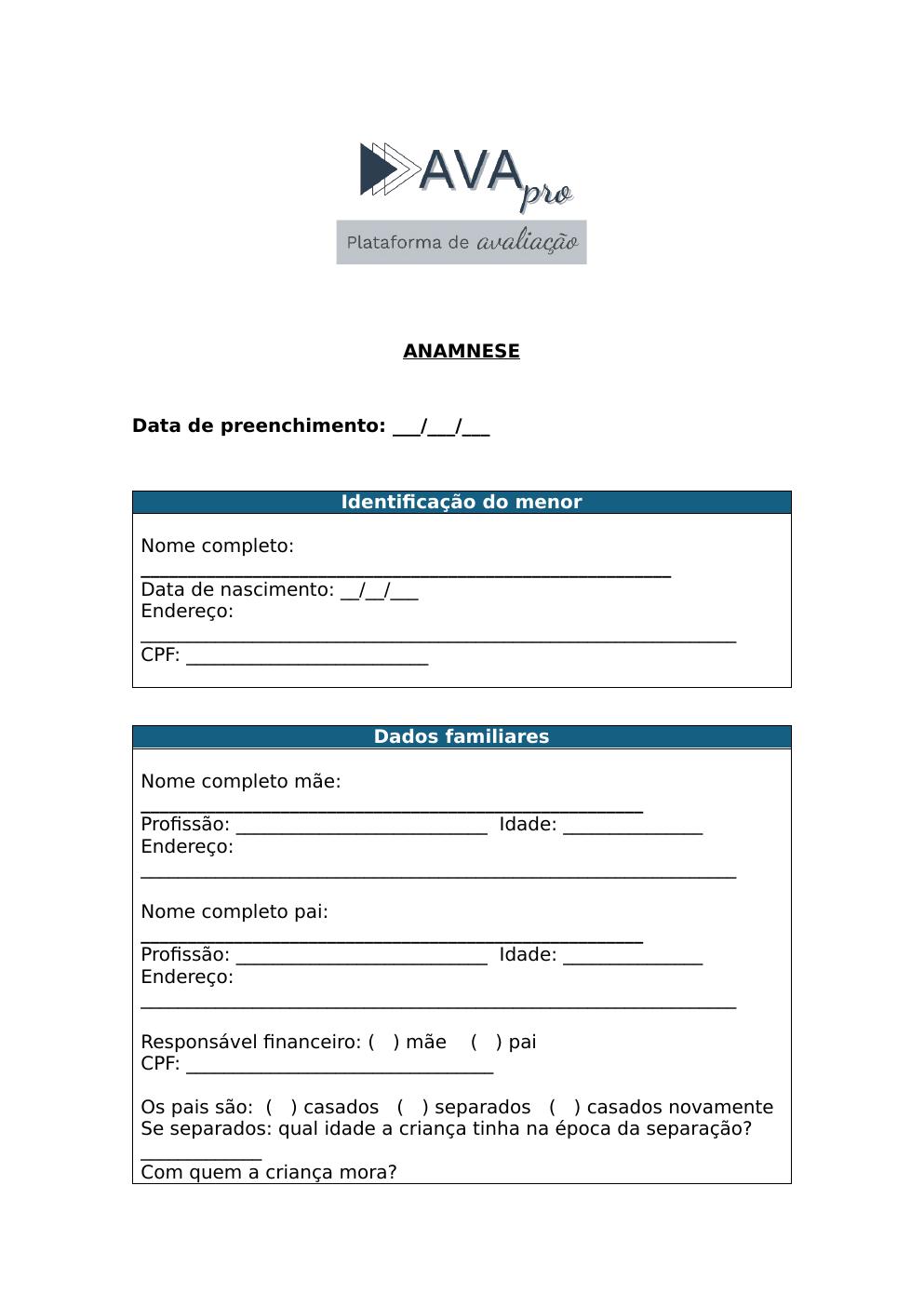 Anamnese - Identificação e dados familiares