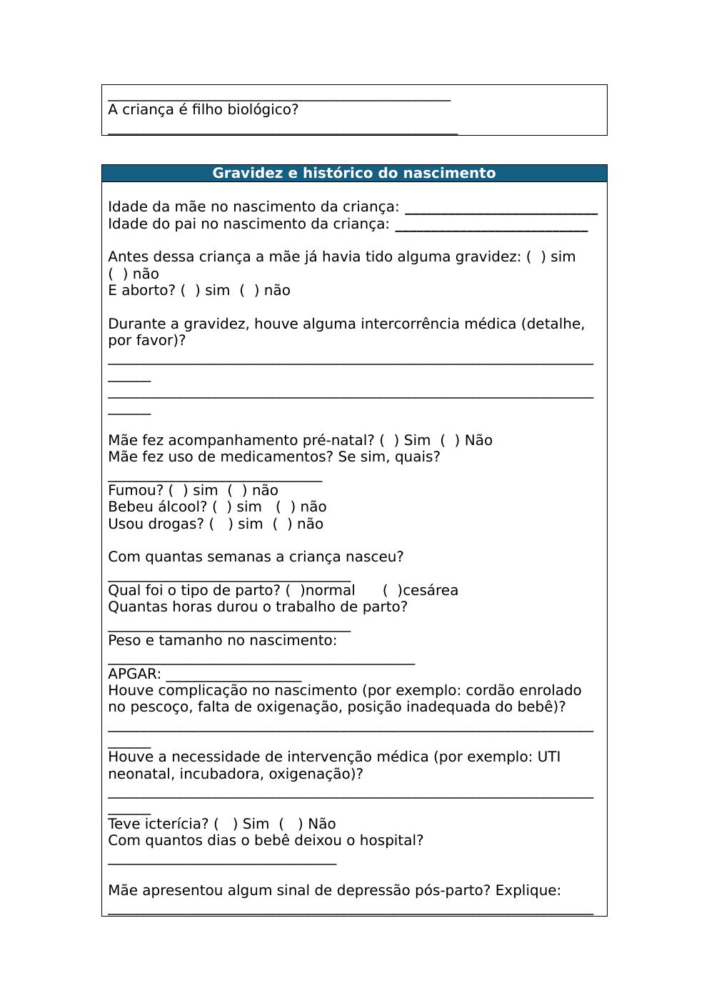 Anamnese - Desenvolvimento neuropsicomotor