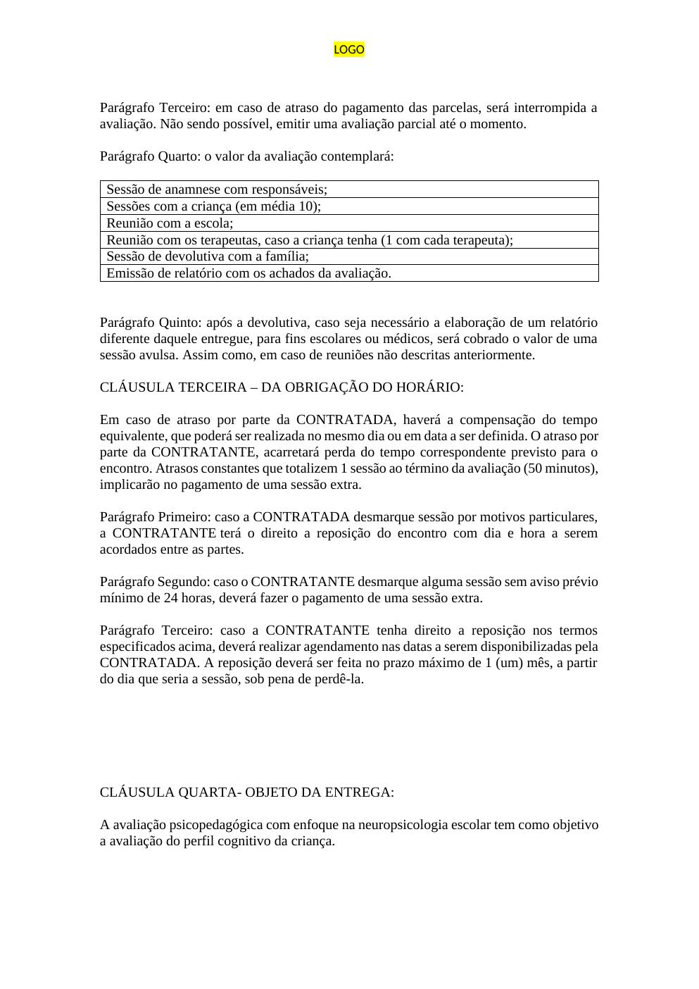 Contrato de Avaliação - cláusulas