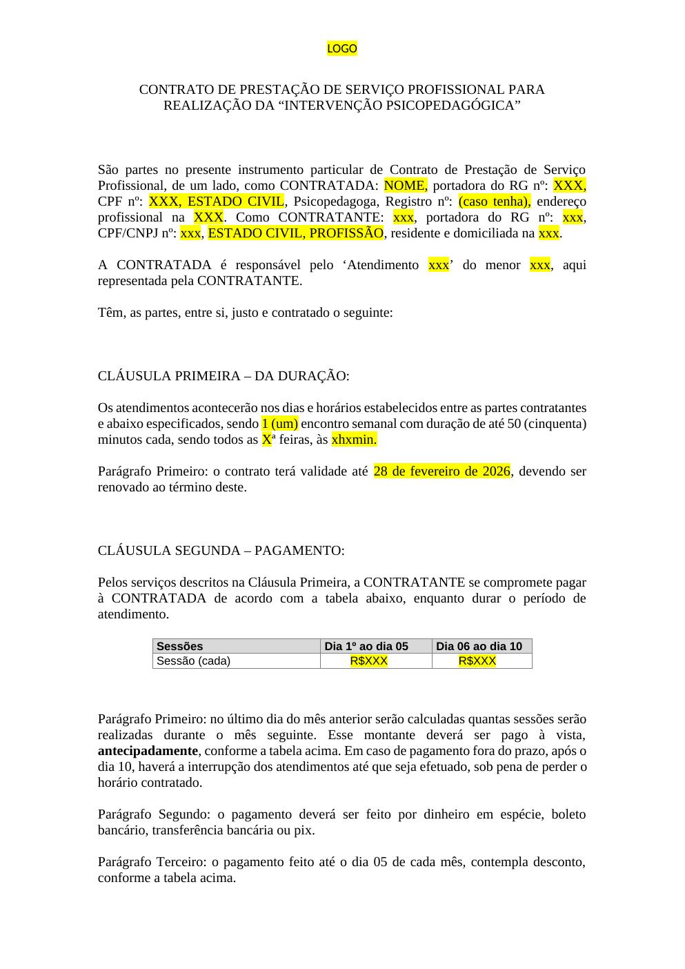 Contrato Intervenção por Sessão