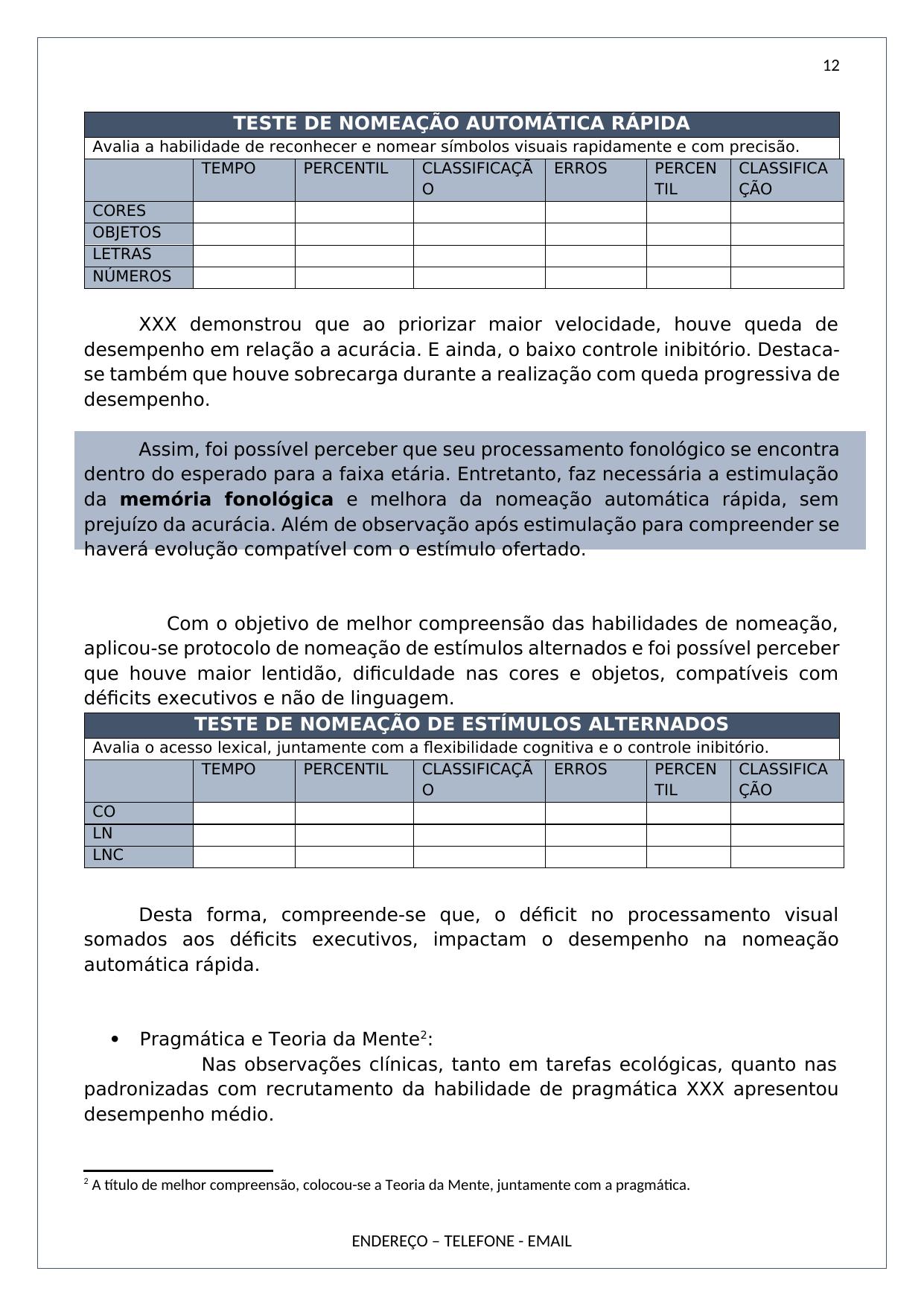 Relatório - tabela de resultados